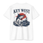 White Key West Florida marlin fishing shirt with offshore boat and ocean sunset graphic