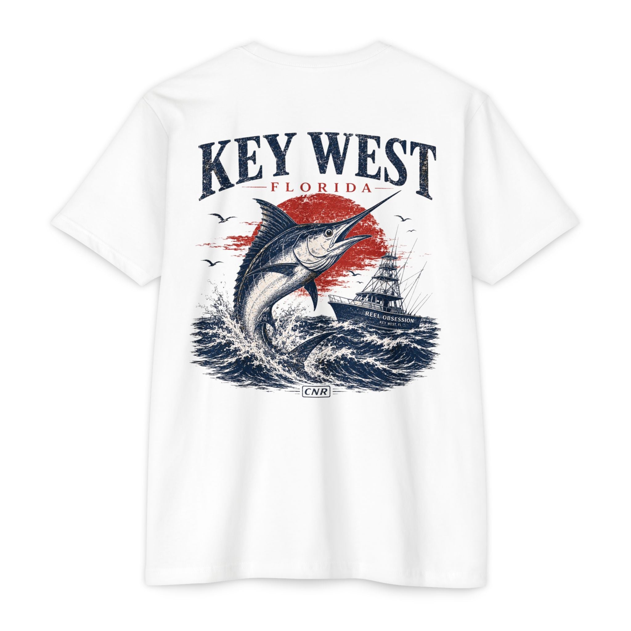 White Key West Florida marlin fishing shirt with offshore boat and ocean sunset graphic