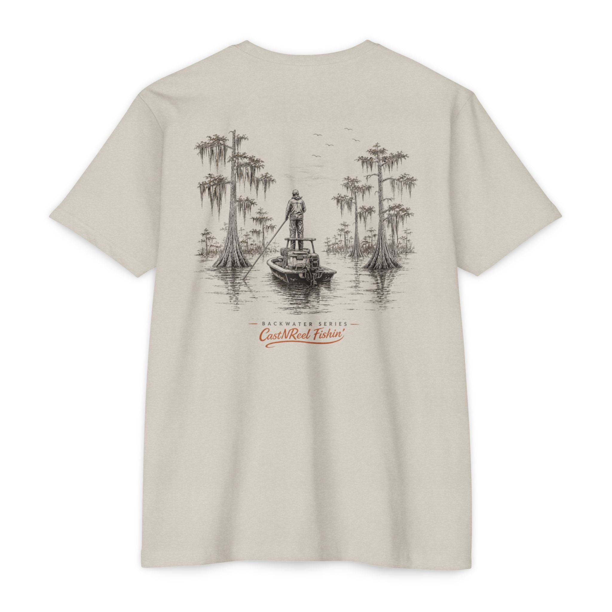 Sand Backwater Poling Shirt back with angler poling a skiff through a cypress swamp