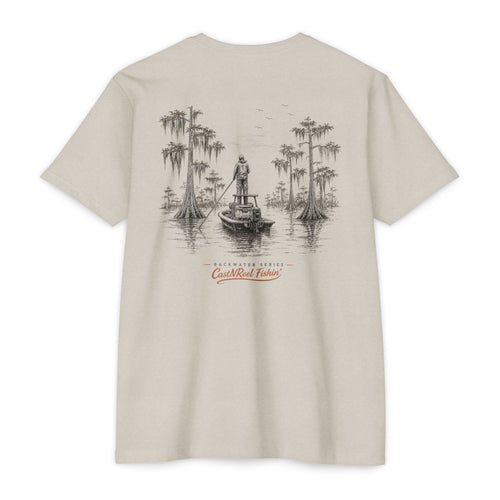 Sand Backwater Poling Shirt back with angler poling a skiff through a cypress swamp