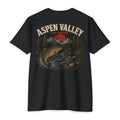 Black Aspen Valley Colorado fishing shirt featuring mountain trout, alpine river, fly fisherman, and Rocky Mountain scenery