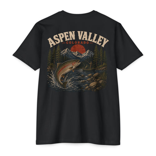 Black Aspen Valley Colorado fishing shirt featuring mountain trout, alpine river, fly fisherman, and Rocky Mountain scenery