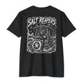 Black Salt Reapers fishing shirt featuring a skeleton captain driving a center console boat through rough offshore seas