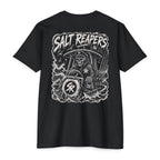 Black Salt Reapers fishing shirt featuring a skeleton captain driving a center console boat through rough offshore seas