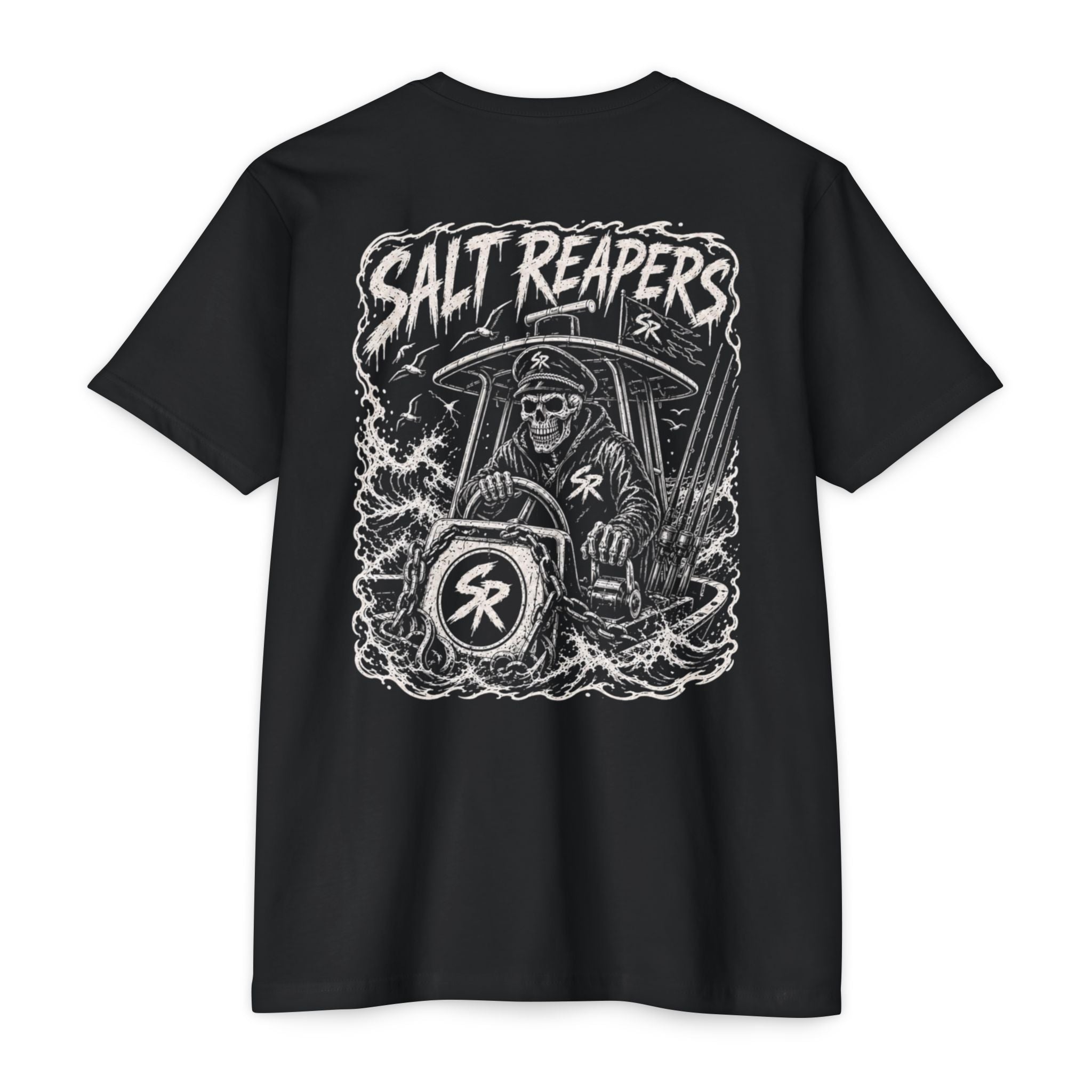 Black Salt Reapers fishing shirt featuring a skeleton captain driving a center console boat through rough offshore seas