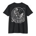 Black Salt Reapers fishing shirt featuring skeletal fisherman fighting a hooked fish with bent rod and ocean spray