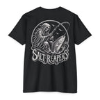 Black Salt Reapers fishing shirt featuring skeletal fisherman fighting a hooked fish with bent rod and ocean spray