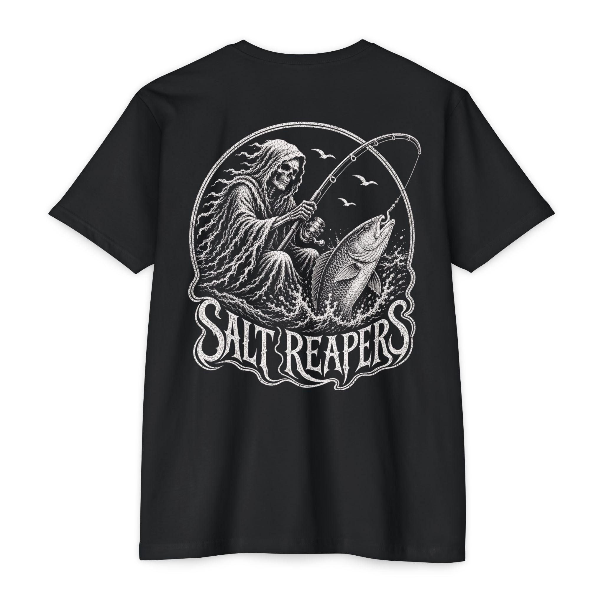 Black Salt Reapers fishing shirt featuring skeletal fisherman fighting a hooked fish with bent rod and ocean spray
