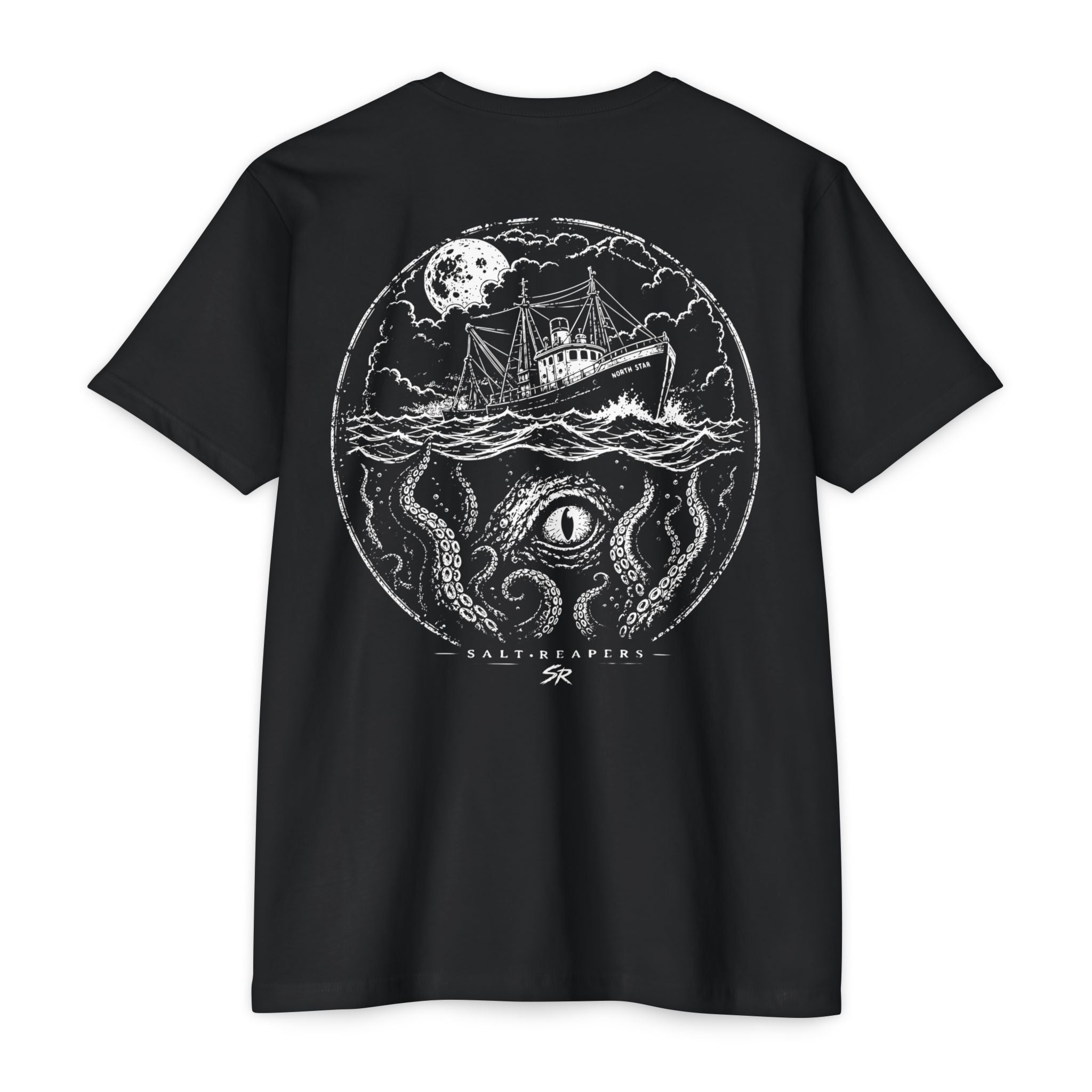 Black Salt Reapers fishing shirt featuring giant kraken eye, ocean tentacles, and offshore fishing vessel artwork