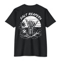 Black Salt Reapers fishing shirt with skeleton shaka hand and tropical ocean sunset back graphic