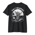 Black Salt Reapers fishing shirt with skeleton shaka hand and tropical ocean sunset back graphic