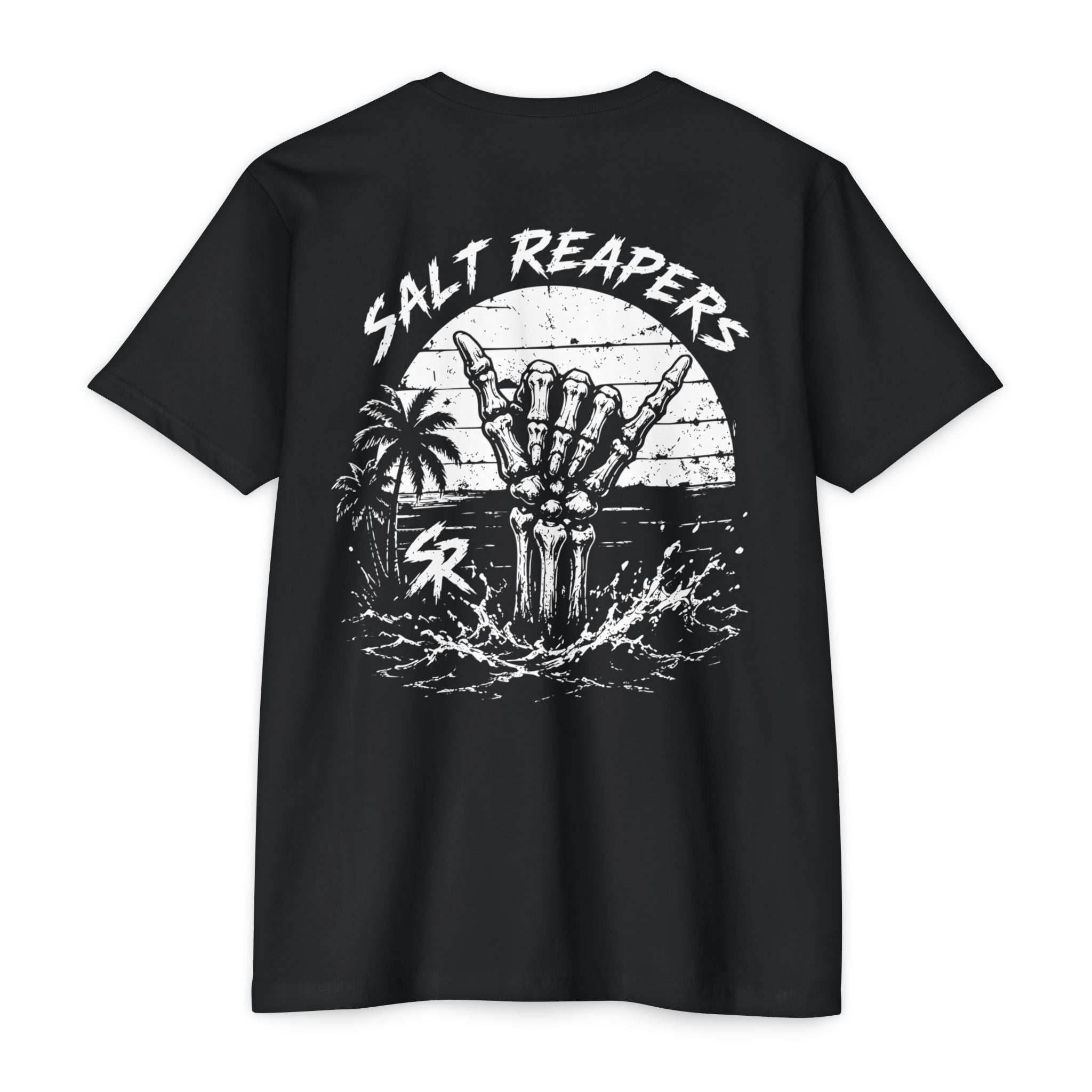 Black Salt Reapers fishing shirt with skeleton shaka hand and tropical ocean sunset back graphic