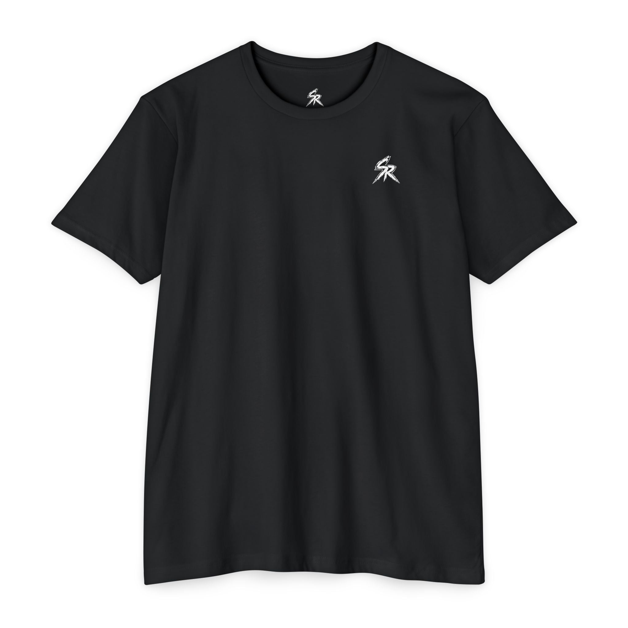 Front of black Salt Reapers fishing shirt with minimalist SR chest logo