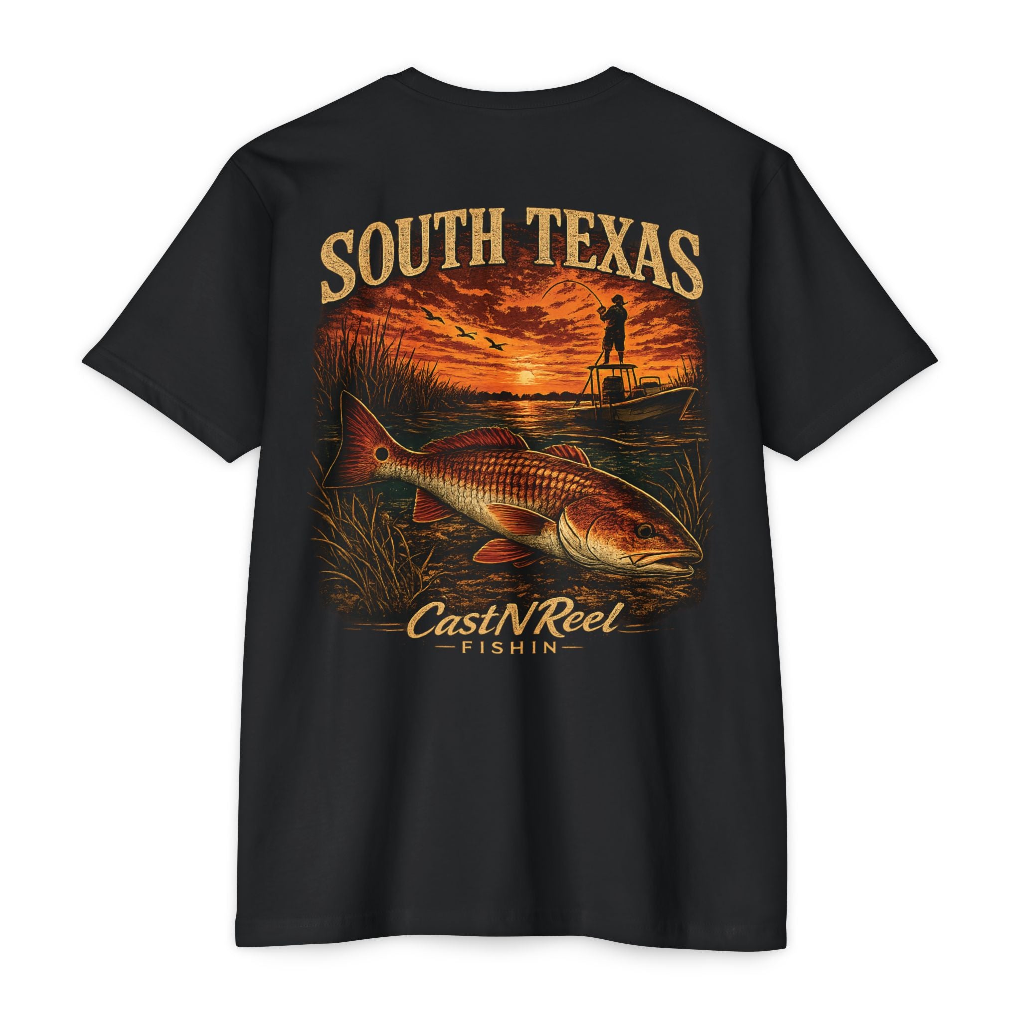 Black South Texas fishing shirt featuring trophy redfish, Laguna Madre flats, sunset, and poling skiff artwork