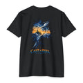 Black Blue Marlin Fishing Shirt back featuring a blue marlin jumping with offshore boat at sunset graphic