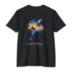 Black Blue Marlin Fishing Shirt back featuring a blue marlin jumping with offshore boat at sunset graphic