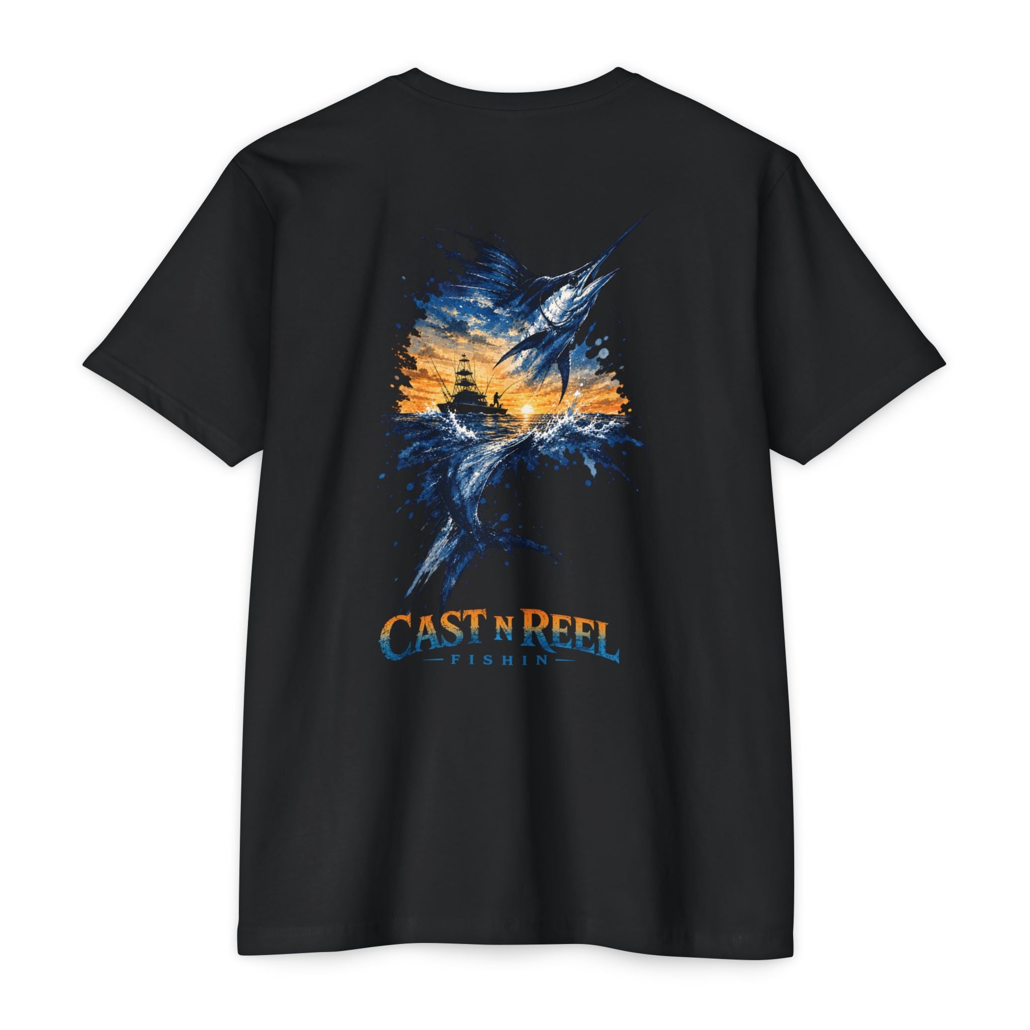 Black Blue Marlin Fishing Shirt back featuring a blue marlin jumping with offshore boat at sunset graphic