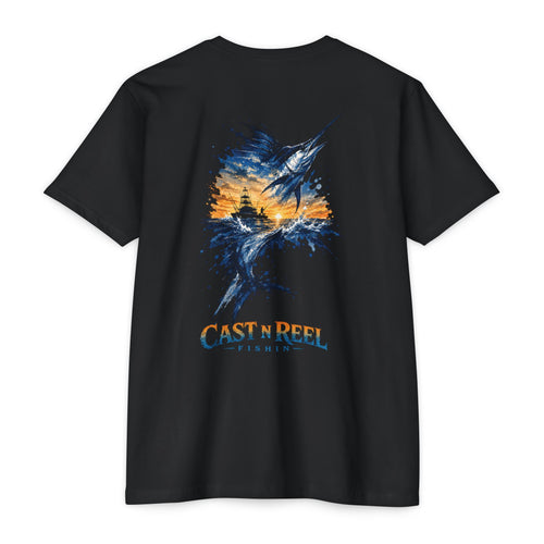 Black Blue Marlin Fishing Shirt back featuring a blue marlin jumping with offshore boat at sunset graphic