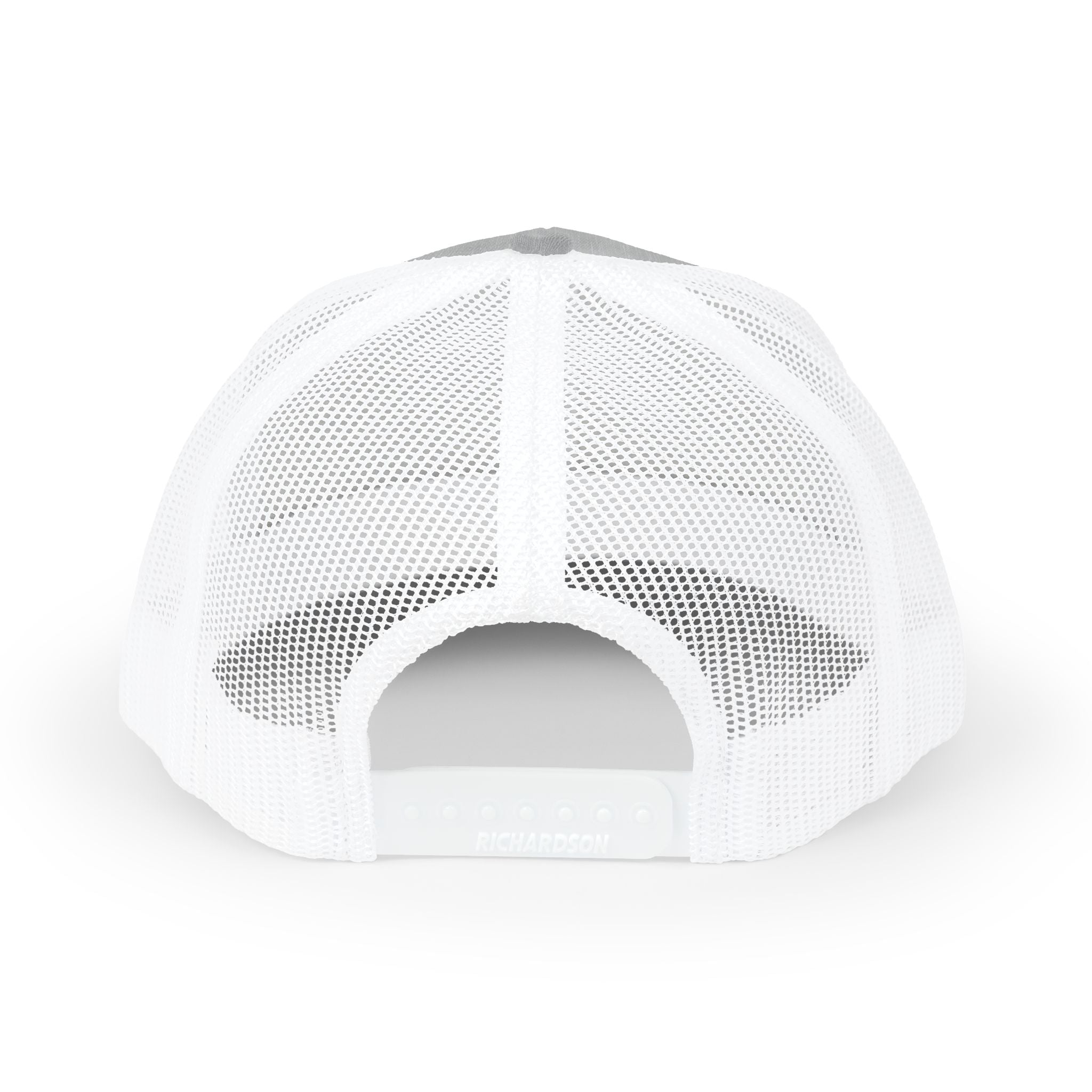 Heather grey and white CastNReel trucker hat with mesh back and adjustable snap closure