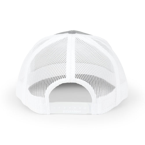 Heather grey and white CastNReel trucker hat with mesh back and adjustable snap closure