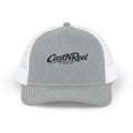 Heather grey and white CastNReel embroidered trucker hat with black fishing logo