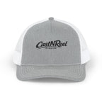 Heather grey and white CastNReel embroidered trucker hat with black fishing logo