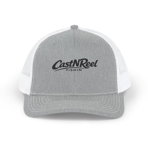 Heather grey and white CastNReel embroidered trucker hat with black fishing logo