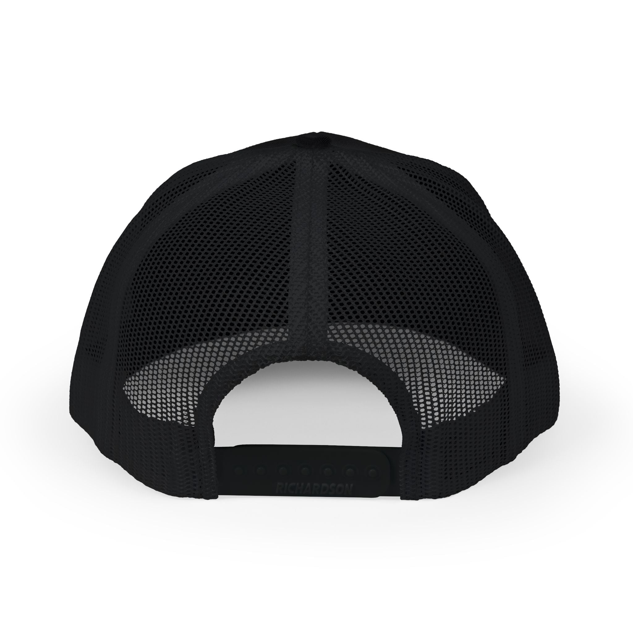 Black CastNReel trucker hat with mesh back and adjustable snap closure