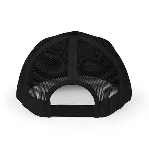 Black CastNReel trucker hat with mesh back and adjustable snap closure