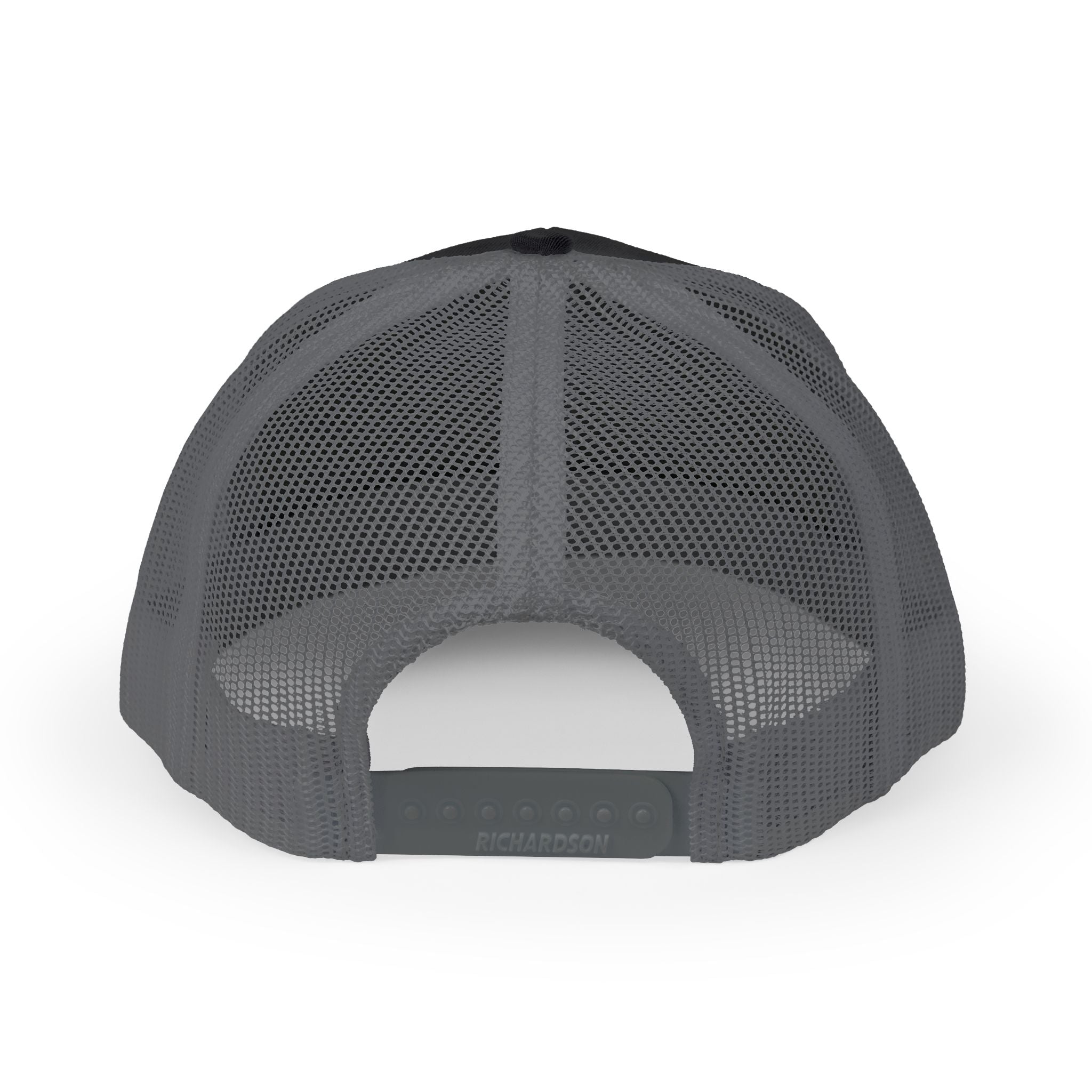 Black and charcoal CastNReel trucker hat with mesh back and adjustable snap closure