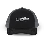 Black and charcoal CastNReel trucker hat with light embroidered fishing logo