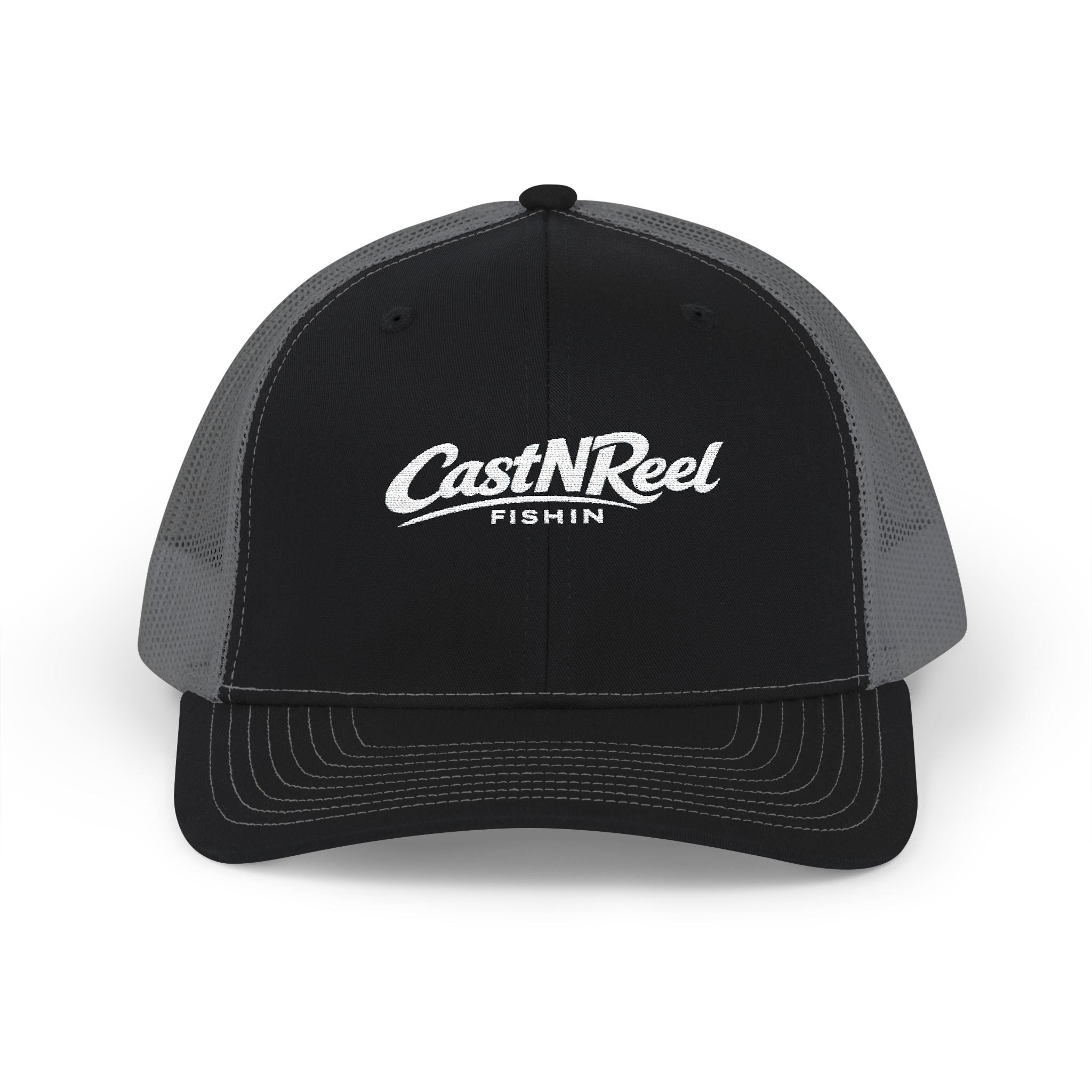 Black and charcoal CastNReel trucker hat with light embroidered fishing logo