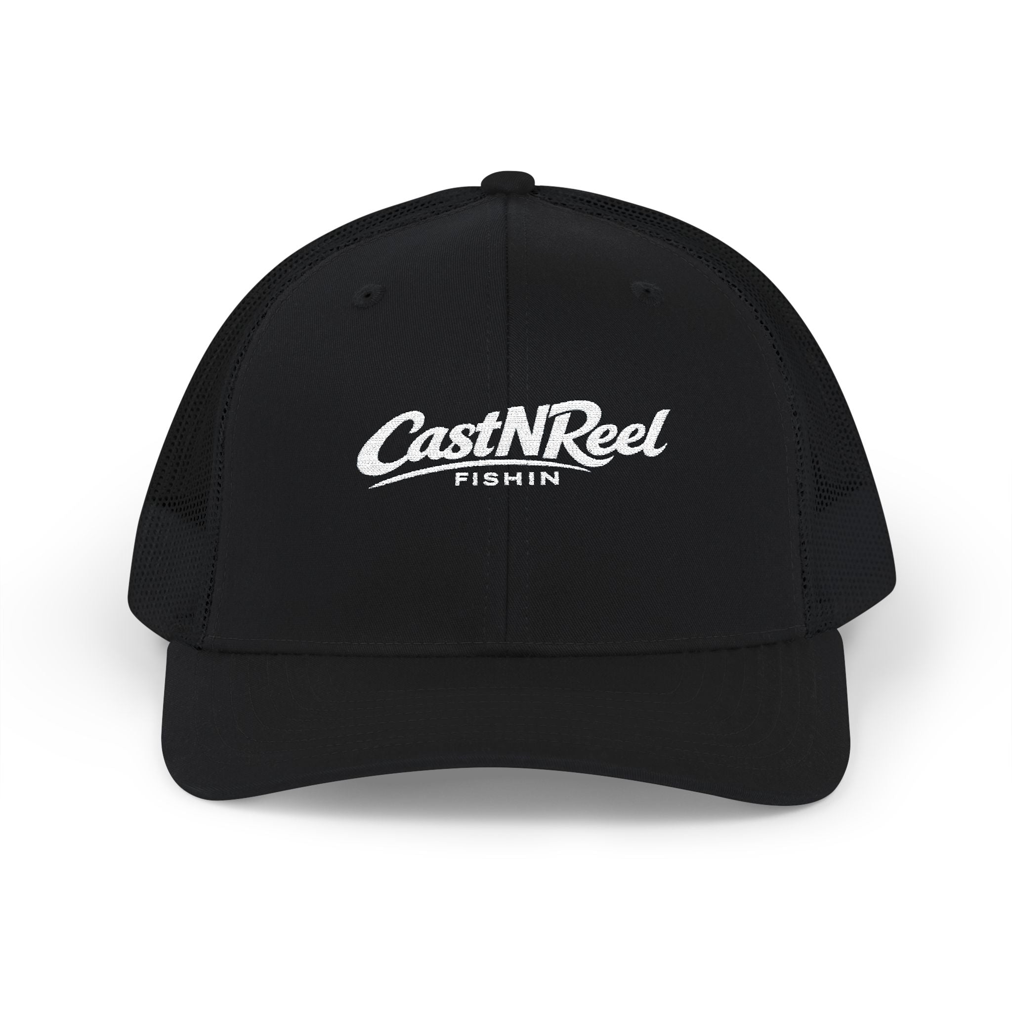 Black CastNReel trucker hat with light embroidered fishing logo