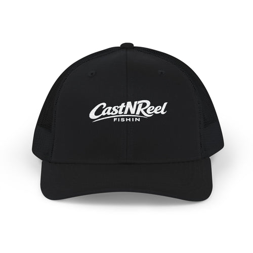 Black CastNReel trucker hat with light embroidered fishing logo