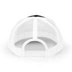 Black and white CastNReel trucker hat with mesh back and adjustable snap closure