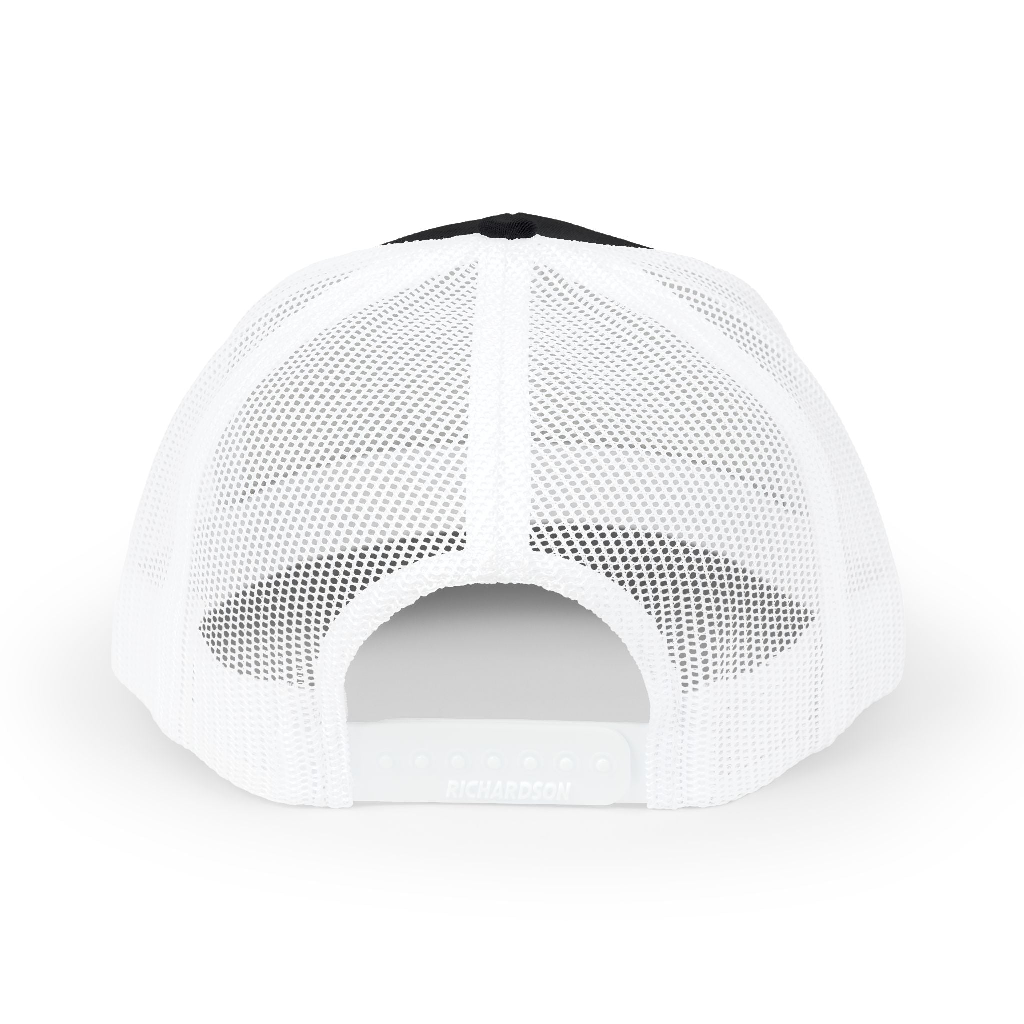 Black and white CastNReel trucker hat with mesh back and adjustable snap closure