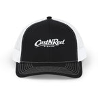 Black and white CastNReel trucker hat with light embroidered fishing logo