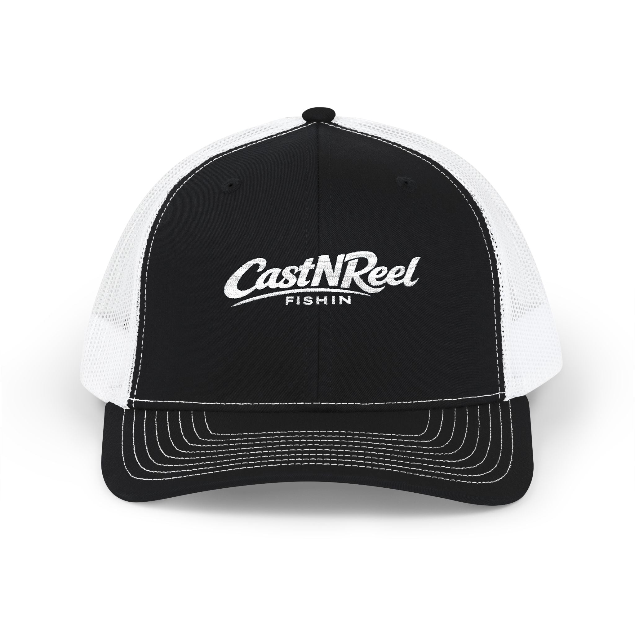 Black and white CastNReel trucker hat with light embroidered fishing logo