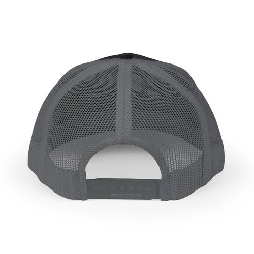 Black and charcoal CastNReel trucker hat with mesh back and adjustable snap closure