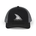 Black and charcoal CastNReel trucker hat with white shark fin logo
