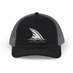 Black and charcoal CastNReel trucker hat with white shark fin logo