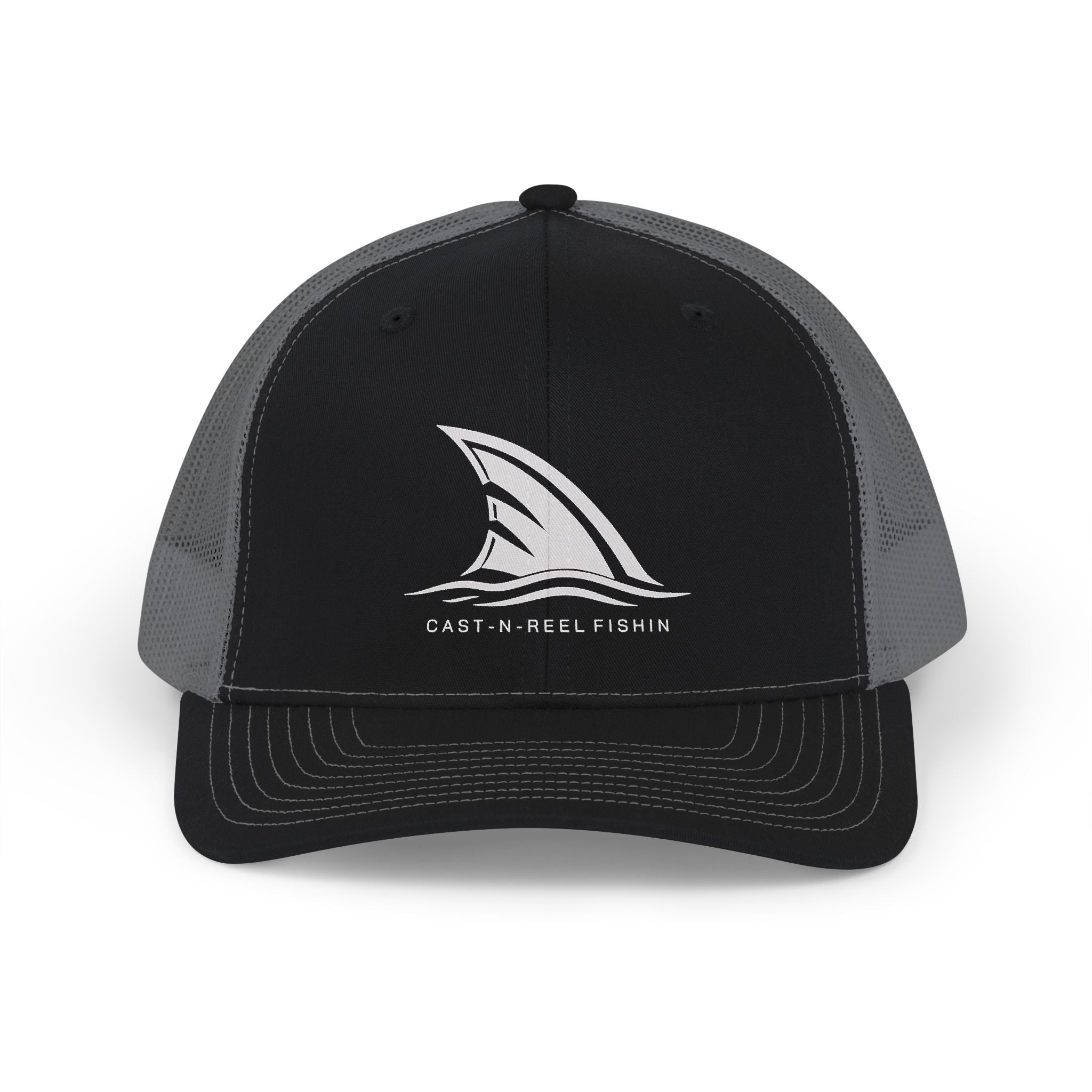 Black and charcoal CastNReel trucker hat with white shark fin logo