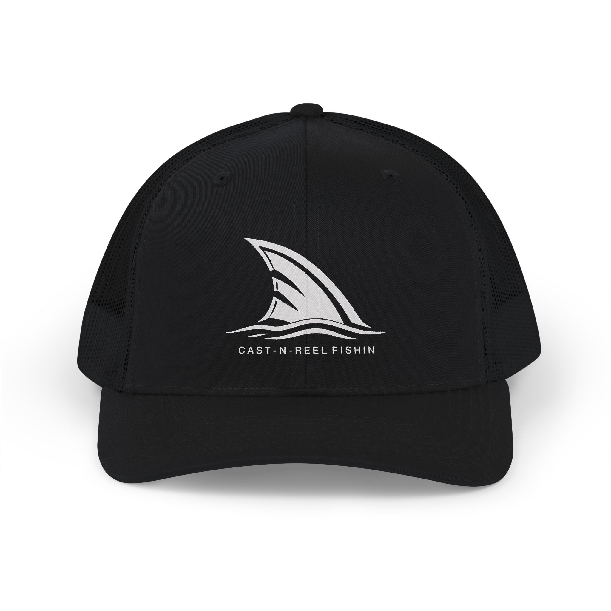 Black CastNReel trucker hat with white shark fin logo