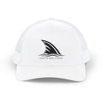 White CastNReel trucker hat with shark fin logo on the front