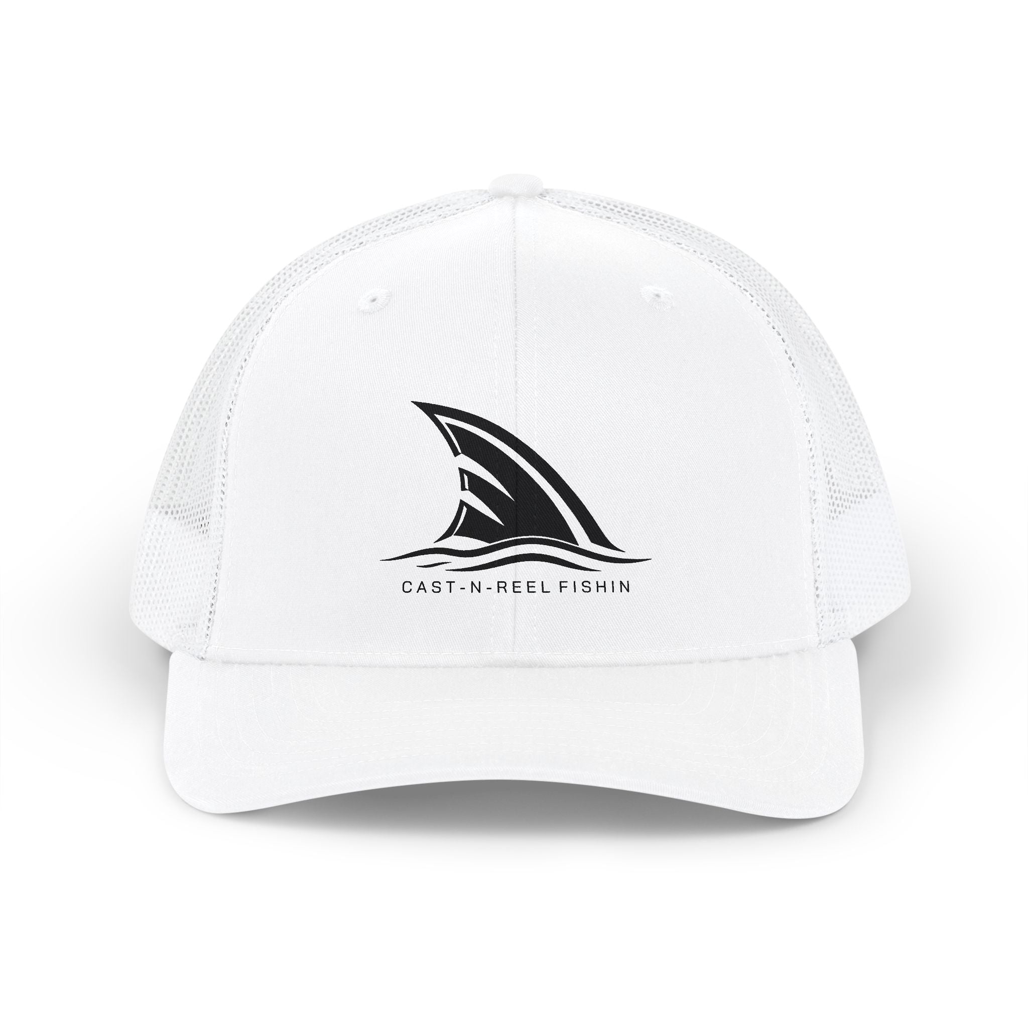 White CastNReel trucker hat with shark fin logo on the front