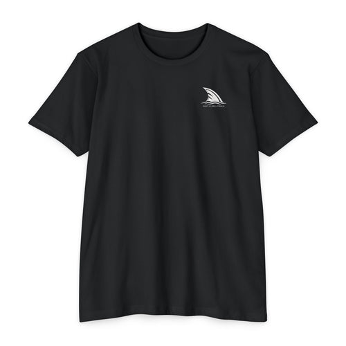 Black CastNReel Shark Logo Shirt front with minimalist shark fin chest logo