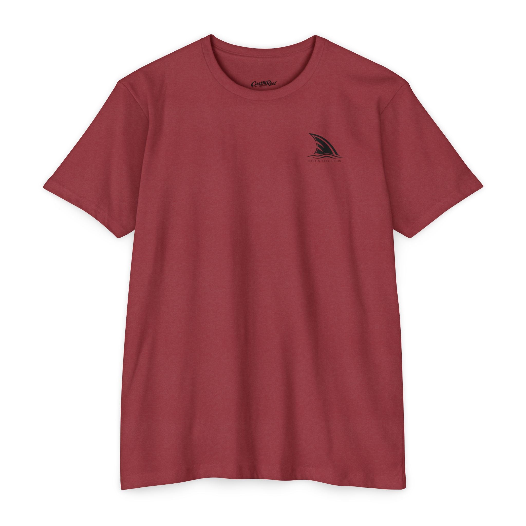 Cardinal CastNReel Shark Logo Shirt front with minimalist shark fin chest logo