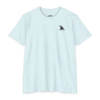 Ice Blue CastNReel Shark Logo Shirt front with minimalist shark fin chest logo