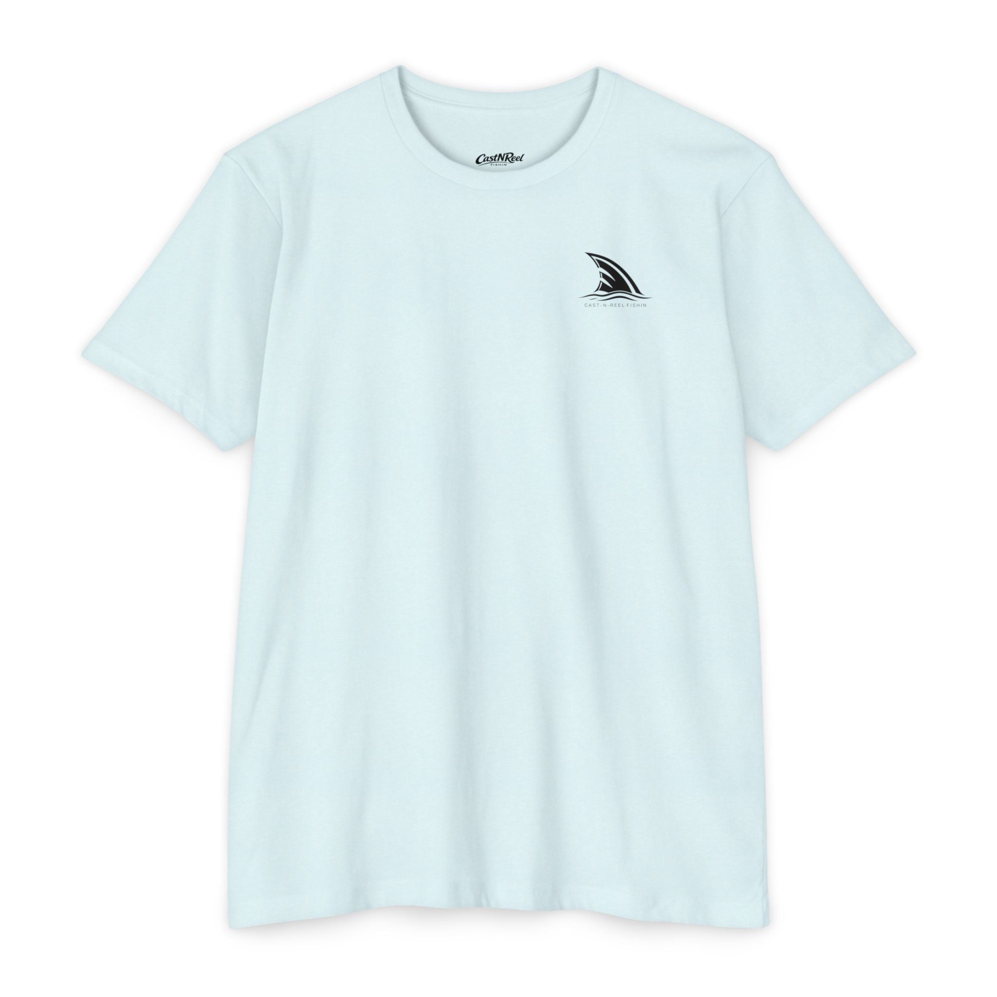 Ice Blue CastNReel Shark Logo Shirt front with minimalist shark fin chest logo