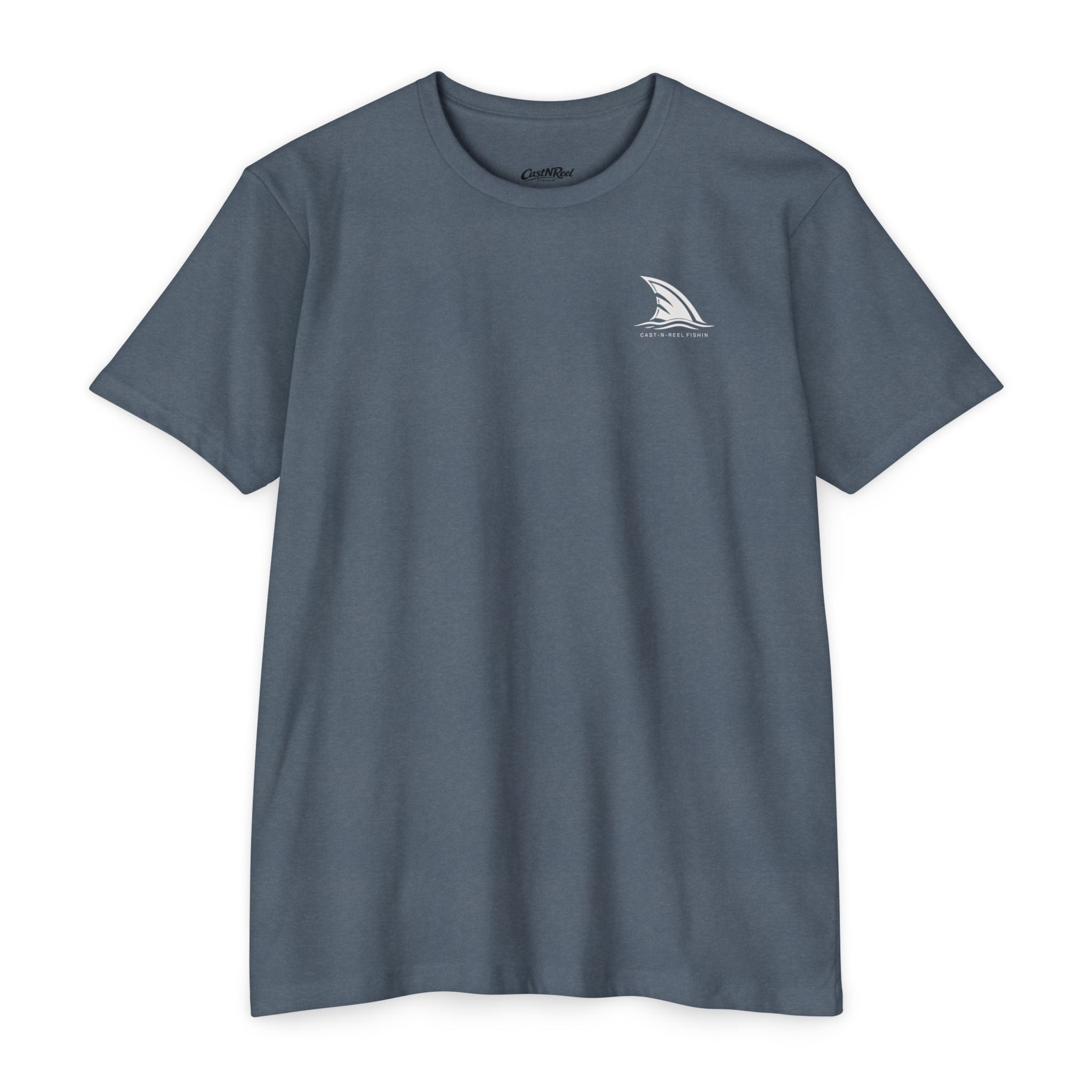Indigo CastNReel Shark Logo Shirt front with minimalist shark fin chest logo